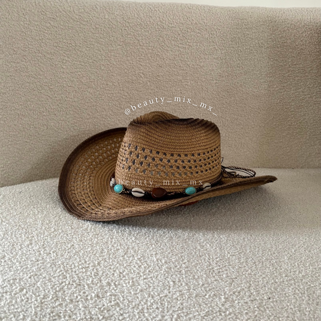 Sombrero Vaquero Playero Café Quemado con conchas (tipo paja)
