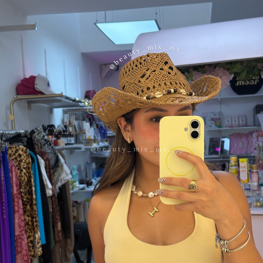 Sombrero Vaquero Playero Café con conchas (tipo paja)