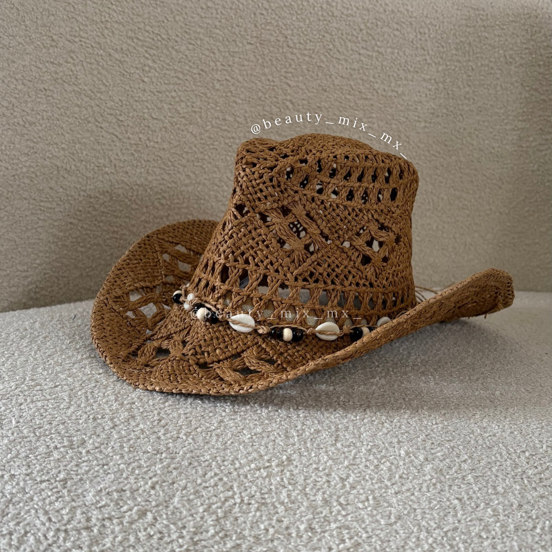 Sombrero Vaquero Playero Café con conchas (tipo paja)