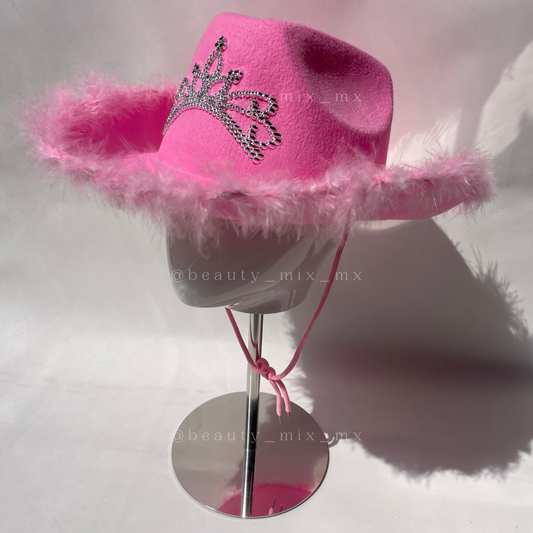 Sombrero vaquero rosa con corona